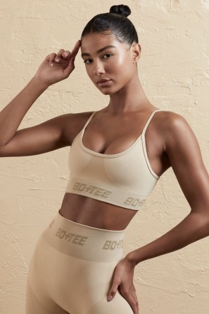 Beige Women's Bo And Tee Curved Neck Sports Bra | 75109-HKUX