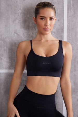 Black Women's Bo And Tee Asymmetric Sports Bra | 45819-OKBX