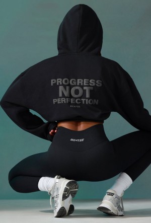 Black Women's Bo And Tee Cropped Drawstring Hooded Sweatshirts | 03158-OZQB