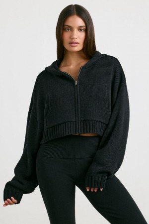 Black Women's Bo And Tee Cropped Zip Up Chunky Knit Hoodie | 64759-DZUR