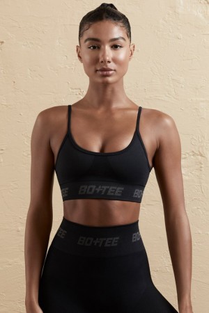 Black Women's Bo And Tee Curved Neck Sports Bra | 30481-GVKE