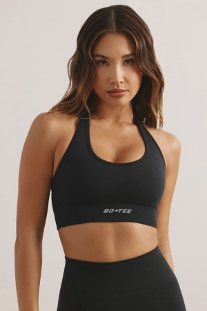 Black Women's Bo And Tee Halter Neck Define Luxe Sports Bra | 73851-MBIV