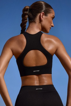 Black Women's Bo And Tee High Neck Open Back FlexiRib Sports Bra | 63795-OYIP