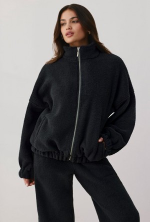 Black Women's Bo And Tee Oversized Fleece Zip Up Jackets | 15897-HZJI