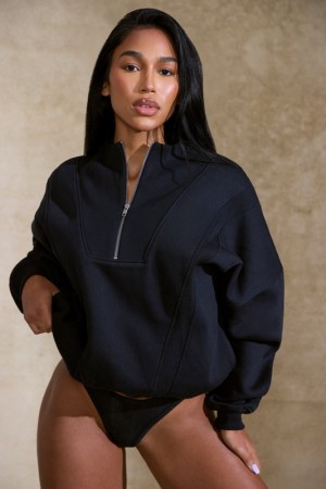 Black Women's Bo And Tee Oversized Half Zip Sweatshirts | 43150-UDFX