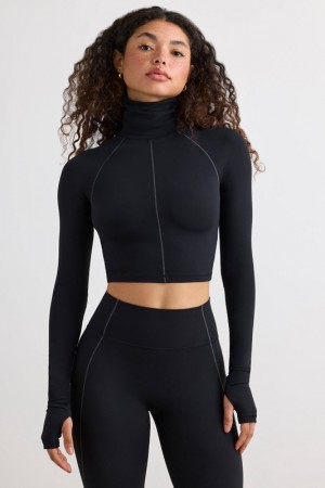 Black Women's Bo And Tee Soft Active Turtleneck Crop Tops | 23148-OFTW