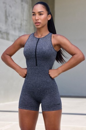 Black Women's Bo And Tee Super Sculpt Seamless Zip Up Unitard | 84710-EHCT