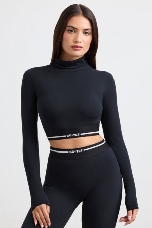 Black Women's Bo And Tee Turtleneck Backless Long-Sleeve Crop Tops | 27853-KNEF