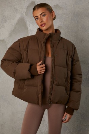 Brown Women's Bo And Tee Cropped with Detachable Sleeves Puffer Jacket | 16928-DZIS