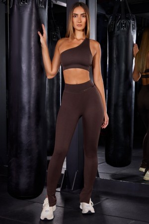 Brown Women's Bo And Tee High Waist Split Flare Ribbed Leggings | 69723-XQLD