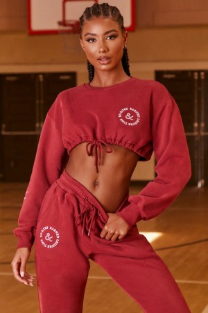 Burgundy Women's Bo And Tee Cropped Drawstring Sweatshirts | 15263-TBSX