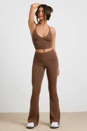 Dark Brown Women's Bo And Tee Chunky Knit Kick Flare Trousers | 51273-OJFV