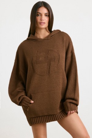 Dark Brown Women's Bo And Tee Oversized Chunky Knit Hoodie | 64509-EURX