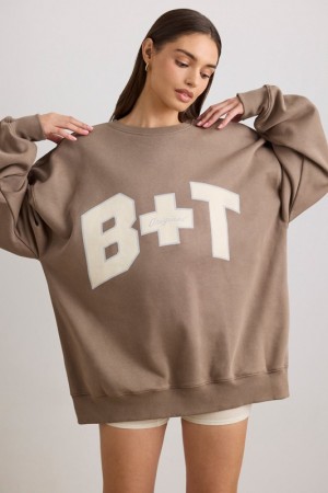 Dark Brown Women's Bo And Tee Oversized Crew Neck Sweatshirts | 16453-HZUE