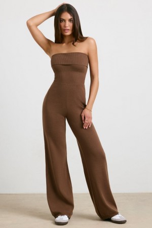 Dark Brown Women's Bo And Tee Petite Chunky Knit Kick Flare Unitard | 87436-YIWT