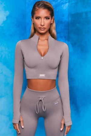 Dark Grey Women's Bo And Tee Ribbed Long Sleeve Zip Front Crop Tops | 42618-TXOU