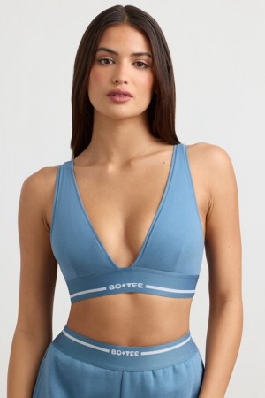 Grey Blue Women's Bo And Tee Plunge-Neck Crop Tops | 48103-NYAJ