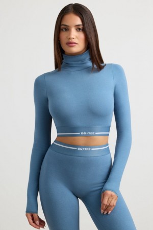 Grey Blue Women's Bo And Tee Turtleneck Backless Long-Sleeve Crop Tops | 40368-VIOD