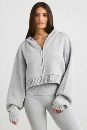 Grey Women's Bo And Tee Cropped Zip Up Chunky Knit Hoodie | 60895-FPEL