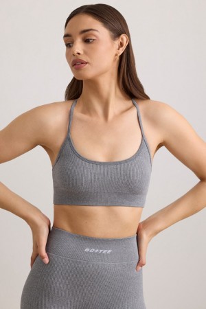 Grey Women's Bo And Tee FlexiRib Scoop Neck Sports Bra | 03718-RFNM