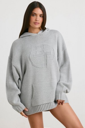 Grey Women's Bo And Tee Oversized Chunky Knit Hoodie | 95630-FNSV