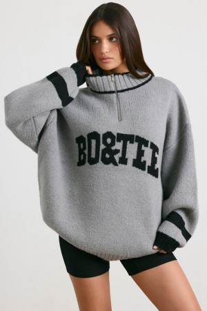 Grey Women's Bo And Tee Oversized Quarter-Zip Chunky-Knit Jumper | 74032-RIOD