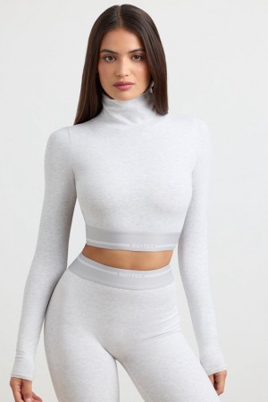 Grey Women's Bo And Tee Turtleneck Backless Long-Sleeve Crop Tops | 53740-TQMU