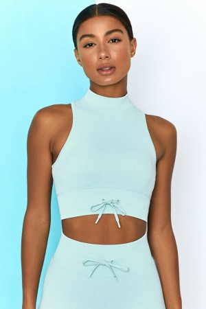 Light Blue Women's Bo And Tee Ribbed High Neck Crop Tops | 56748-KEIF