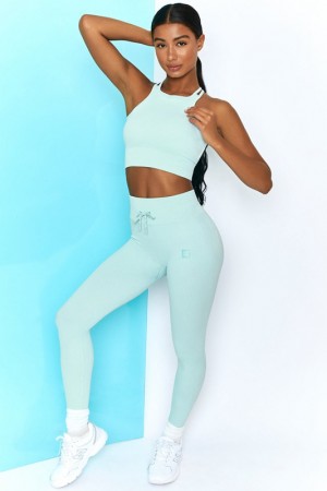 Light Blue Women's Bo And Tee Ribbed Tie Front Full Length Leggings | 57649-NCJP