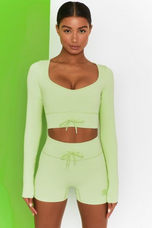 Light Green Women's Bo And Tee Ribbed Long Sleeve Crop Tops | 69387-ESWH