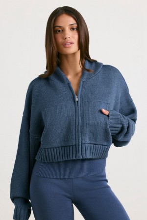 Navy Women's Bo And Tee Cropped Zip Up Chunky Knit Hoodie | 53704-FEJL