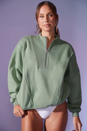 Olive Women's Bo And Tee Oversized Half Zip Sweatshirts | 13947-JIKN