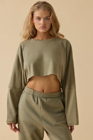 Olive Women's Bo And Tee Oversized Long Sleeve Crop Tops | 61394-MJLZ