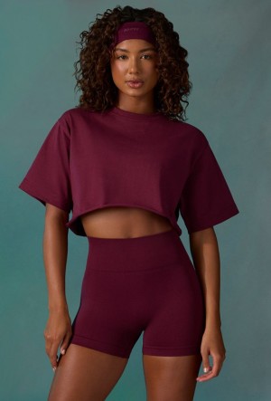 Purple Women's Bo And Tee Cotton Cropped Oversized T Shirts | 78643-QWAH