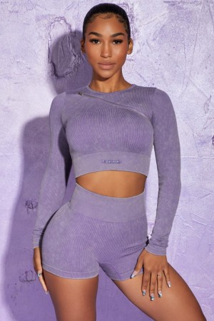 Purple Women's Bo And Tee Long Sleeve High Neck Zip Crop Tops | 49560-JDXN