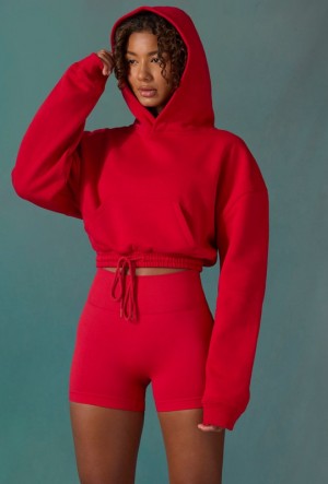 Red Women's Bo And Tee Cropped Drawstring Hooded Sweatshirts | 56279-CRKE