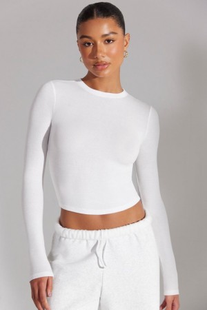 White Women's Bo And Tee High Neck Long Sleeve Tops | 19087-AYJB