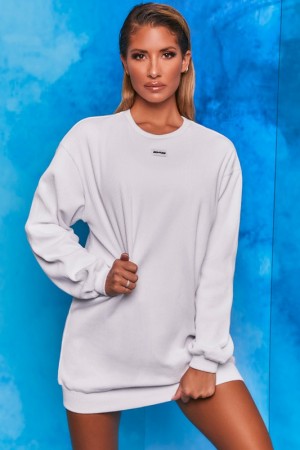 White Women's Bo And Tee Ribbed Longline Sweatshirts | 95863-TNBW