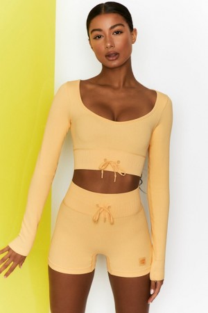 Yellow Women's Bo And Tee Ribbed Long Sleeve Crop Tops | 39264-HXET