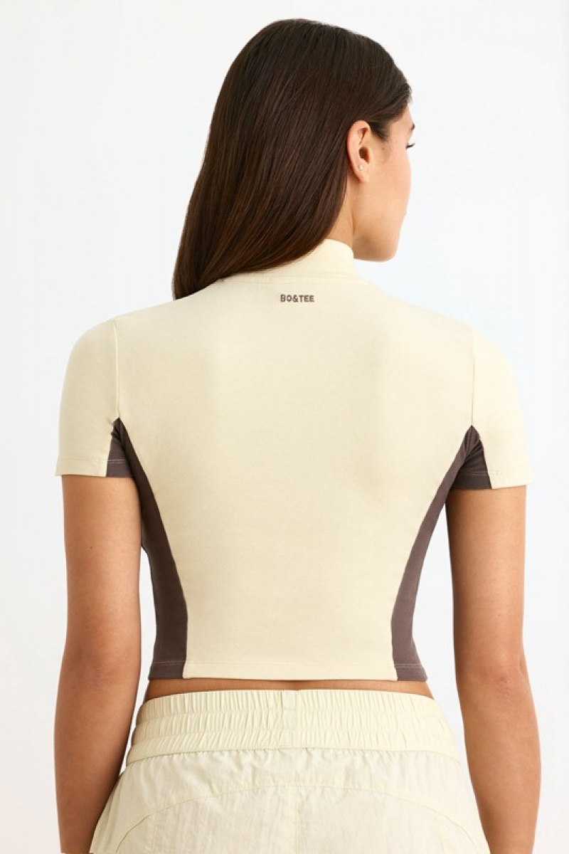 Beige Women's Bo And Tee Colourblock Zip-Up Crop Tops | 56742-PJCV