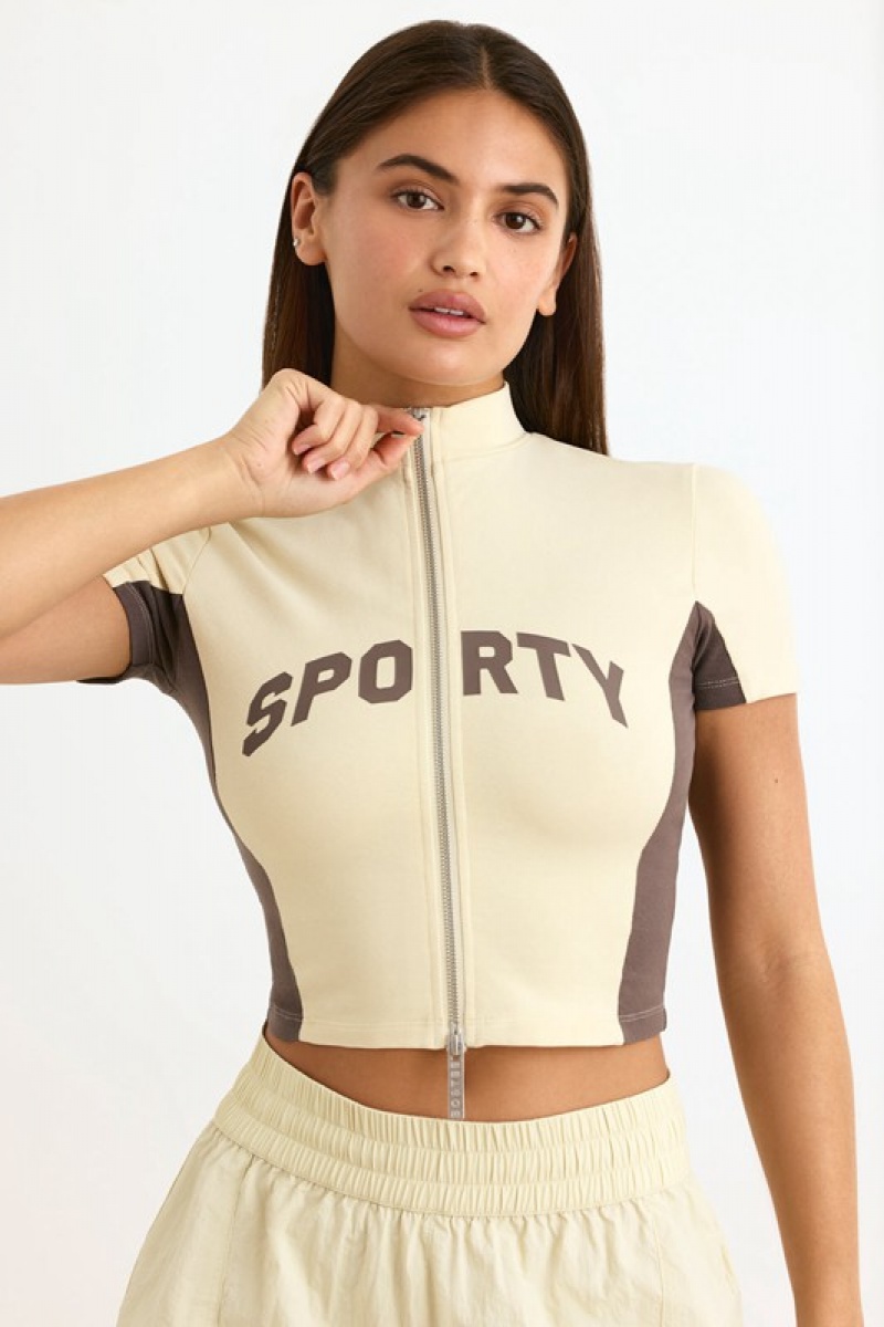 Beige Women's Bo And Tee Colourblock Zip-Up Crop Tops | 56742-PJCV