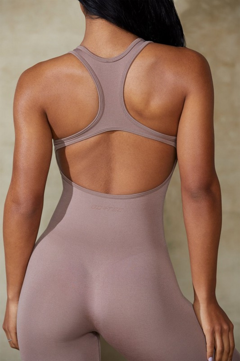 Beige Women's Bo And Tee Open Back Define Luxe Unitard | 79350-YJFS