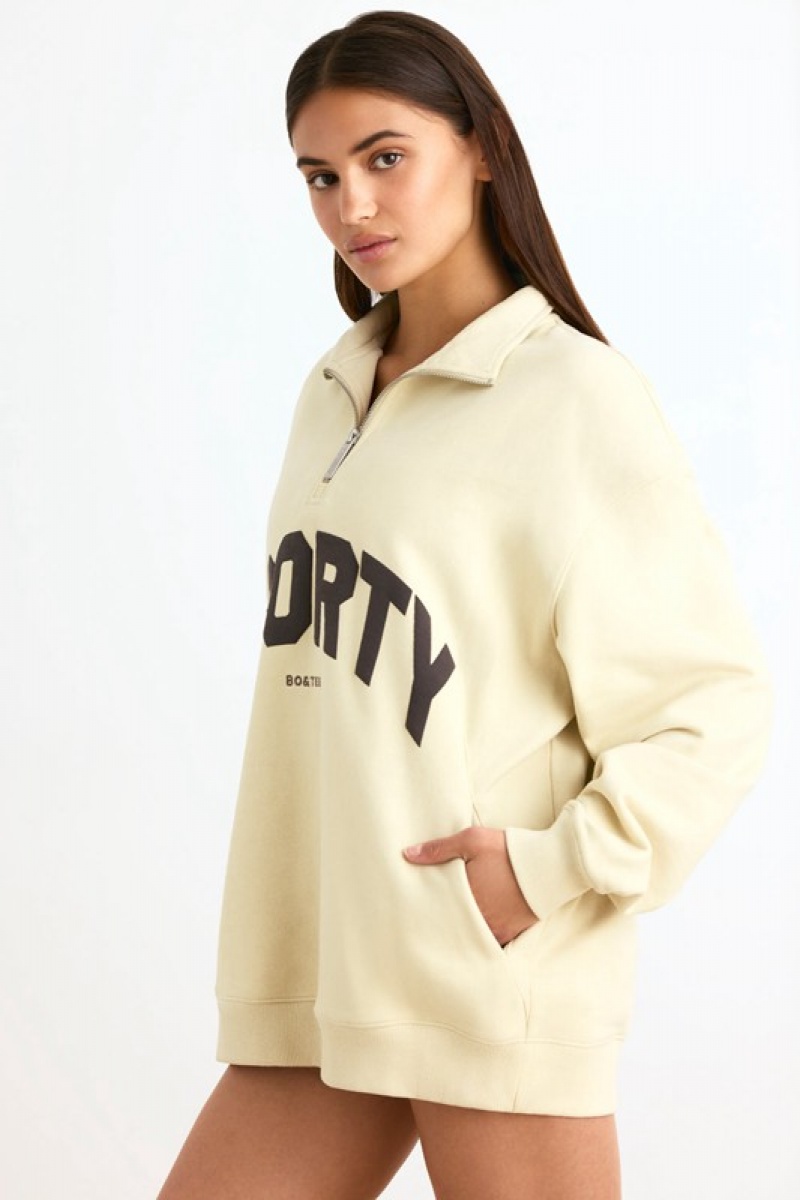 Beige Women's Bo And Tee Quarter-Zip Sweatshirts | 47980-MXNB