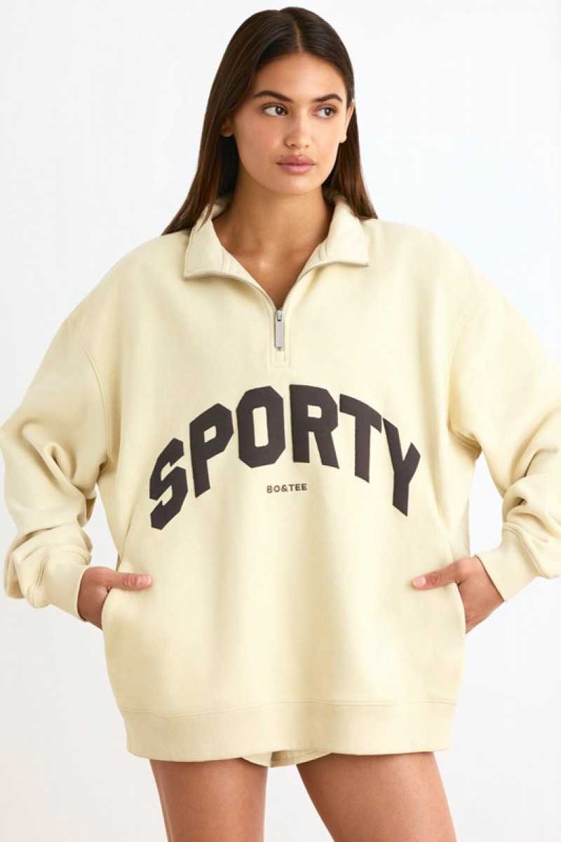 Beige Women's Bo And Tee Quarter-Zip Sweatshirts | 47980-MXNB