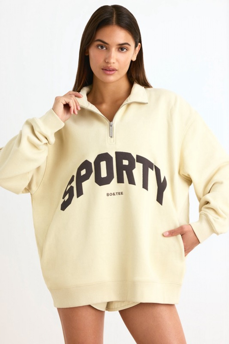 Beige Women's Bo And Tee Quarter-Zip Sweatshirts | 47980-MXNB