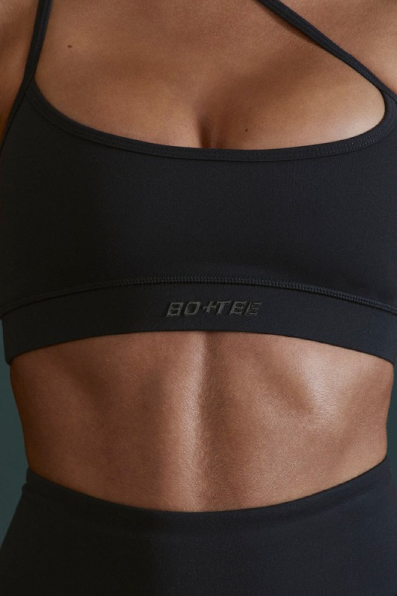 Black Women's Bo And Tee Asymmetric Neckline Sports Bra | 60389-QFBN