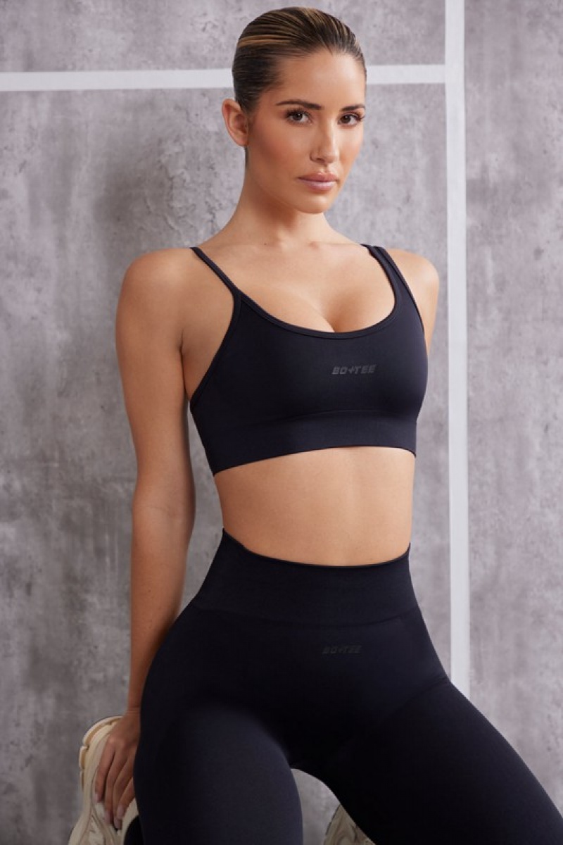 Black Women's Bo And Tee Asymmetric Sports Bra | 45819-OKBX