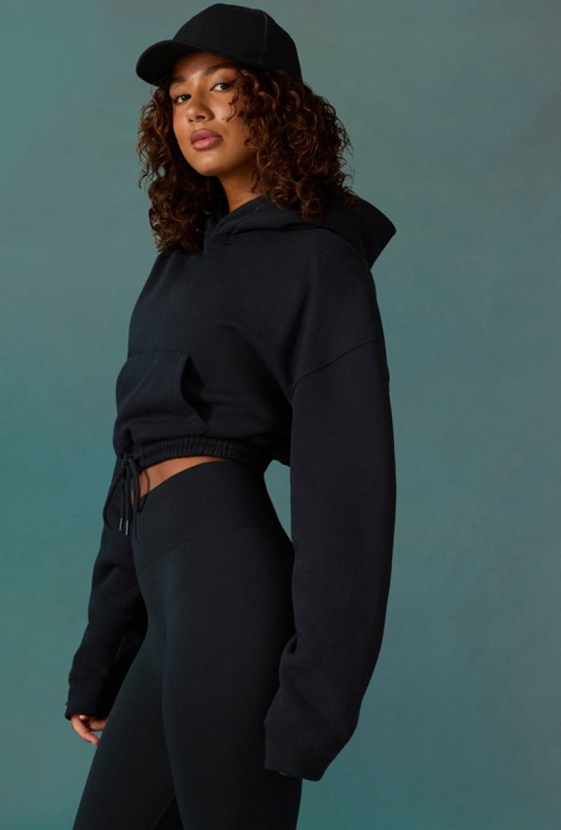 Black Women's Bo And Tee Cropped Drawstring Hooded Sweatshirts | 03158-OZQB