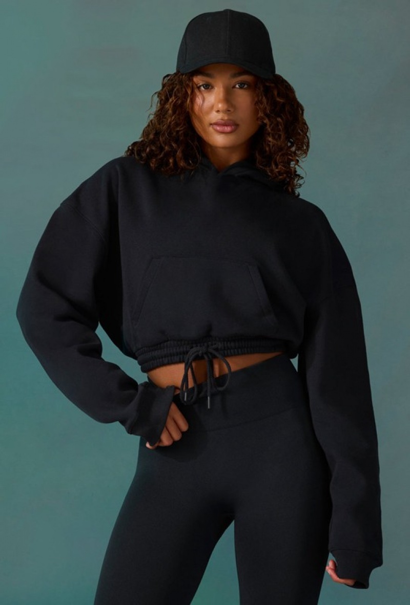 Black Women's Bo And Tee Cropped Drawstring Hooded Sweatshirts | 03158-OZQB