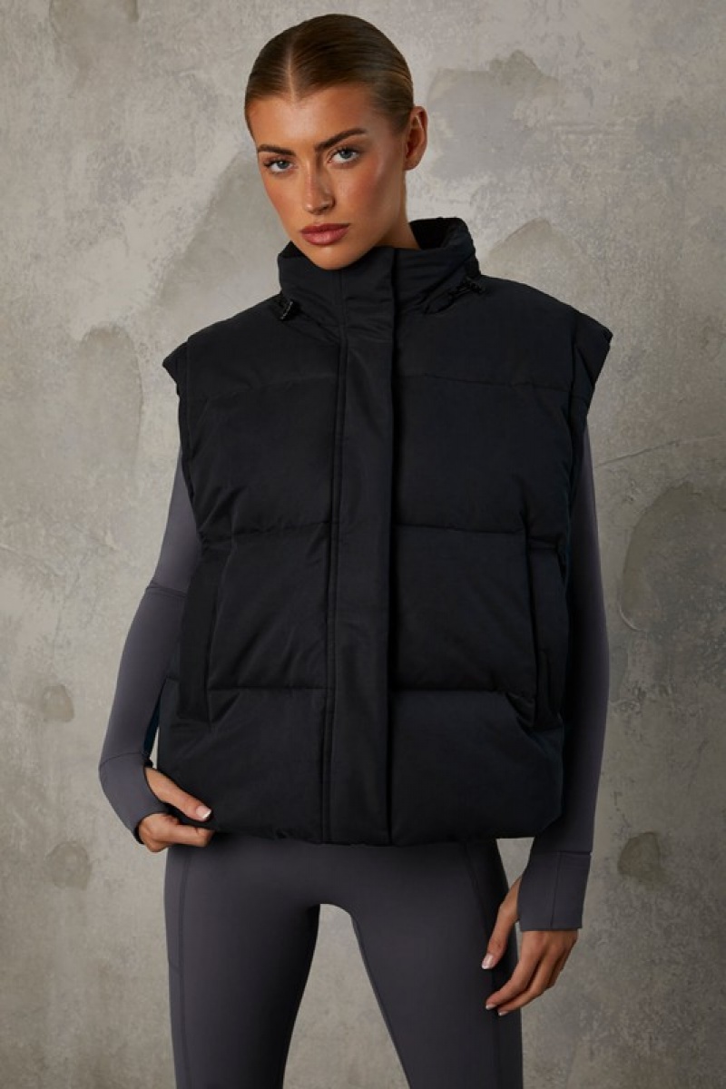 Black Women's Bo And Tee Cropped with Detachable Sleeves Puffer Jacket | 13987-ZEKM